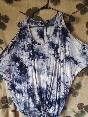 Olivers Navy Blue Tie-Dye Cold Shoulder Tank with Stud Trim